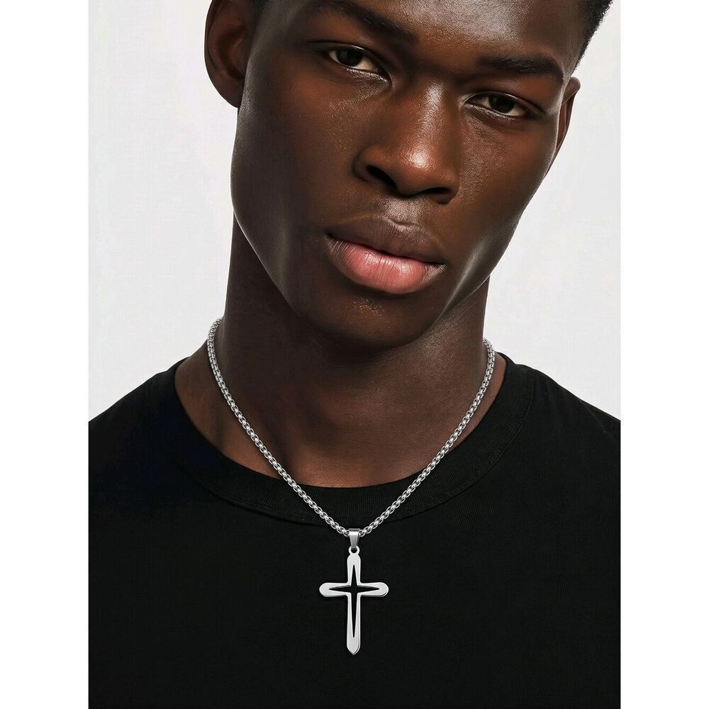 Silver Hollow Cross Pendant Necklace Stainless Steel Unisex Box Chain Jewelry